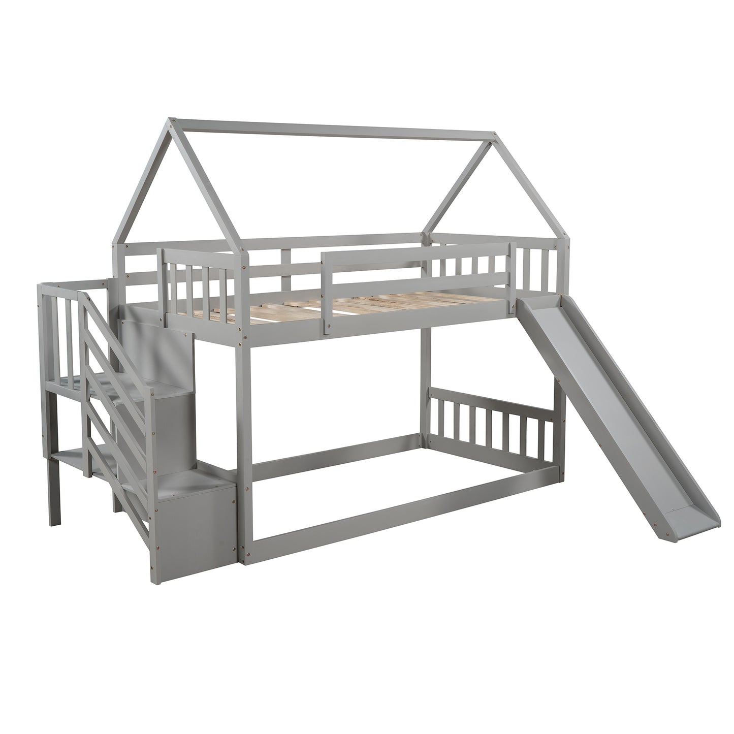 Twin over Twin House Bunk Bed with Slide and Storage Staircase,Grey