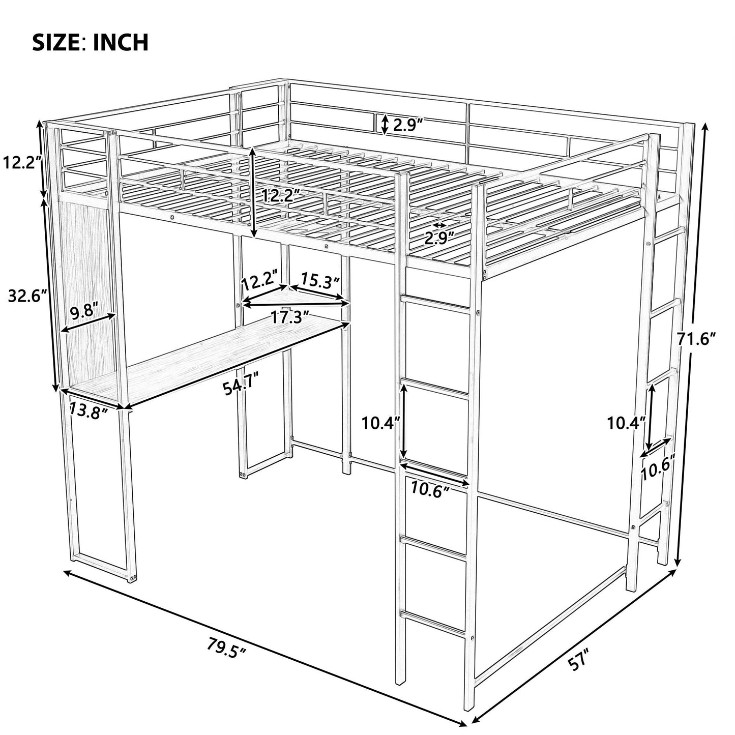 Full Size Metal Loft Bed with 2 Shelves and one Desk ,White (Old SKU: LP000191AAK )