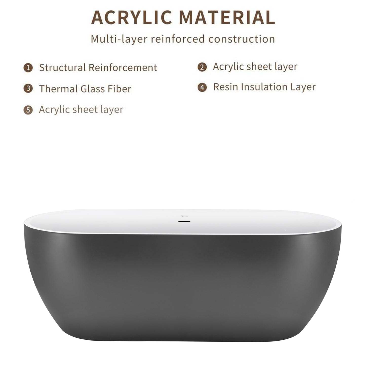 59" 100% Acrylic Freestanding Bathtub，Contemporary Soaking Tub，white inside and gray outside