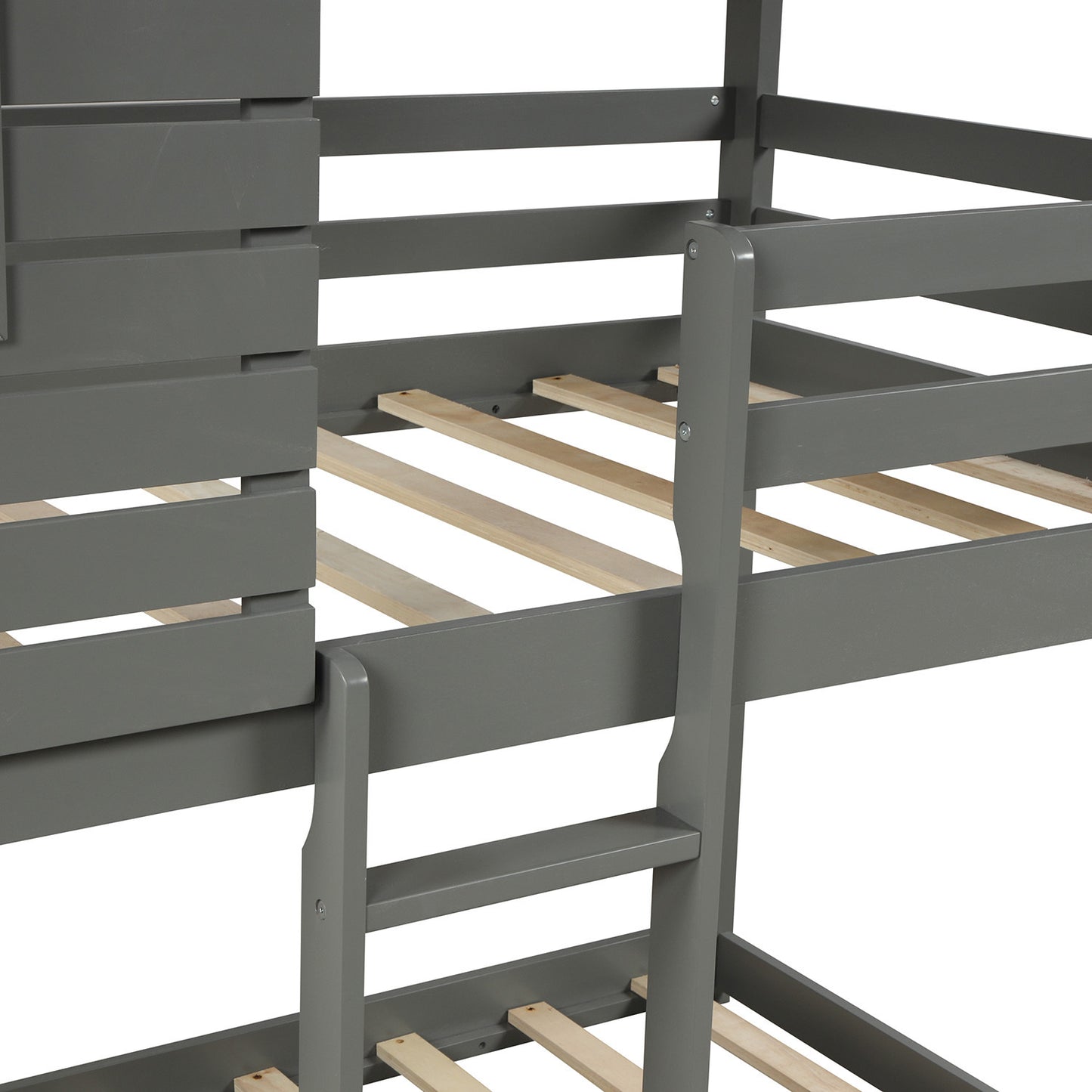 Twin Over Twin Bunk Bed Wood Loft Bed with Roof, Window, Guardrail, Ladder (Gray)(OLD SKU: LP000088AAN)