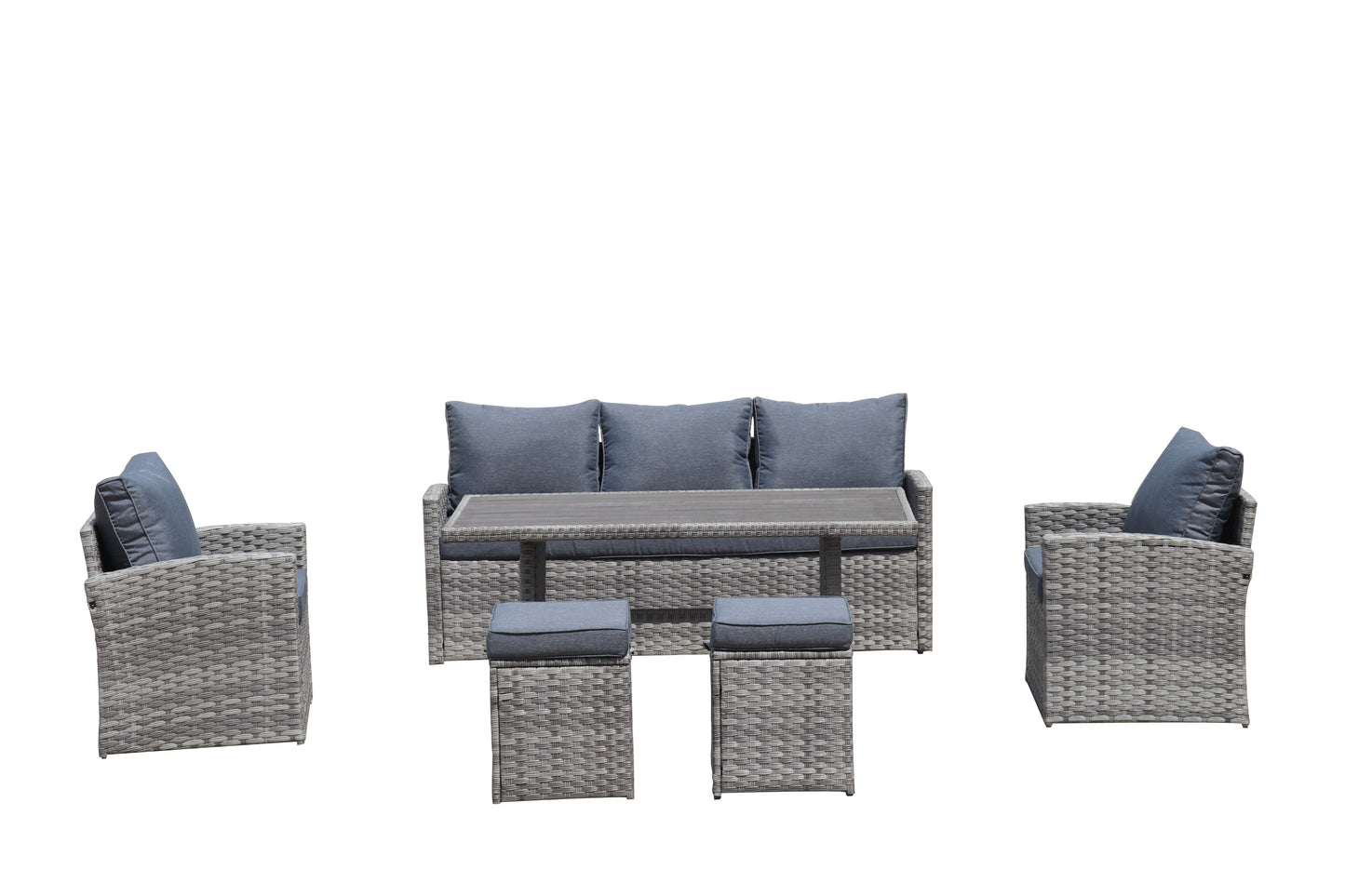 6-Piece Outdoor PE Rattan Sofa Set Patio Garden Wicker Dining and Coffee Sofa-Grey