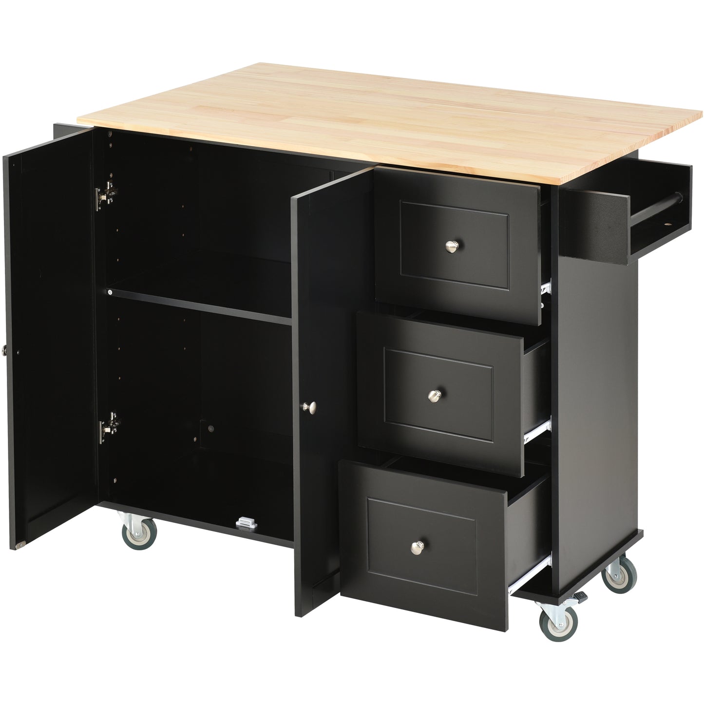 Rolling Mobile Kitchen Island with Solid Wood Top and Locking Wheels，52.7 Inch Width，Storage Cabinet and Drop Leaf Breakfast Bar，Spice Rack, Towel Rack & Drawer （Black）