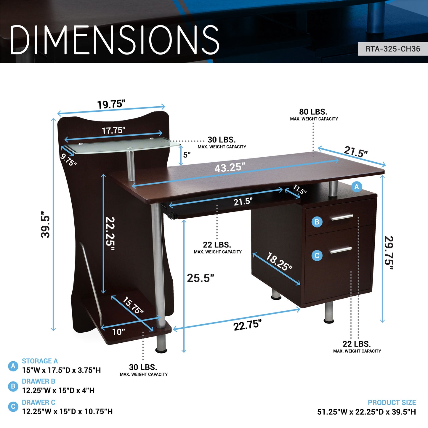 Techni Mobili Stylish Computer Desk with Storage, Chocolate