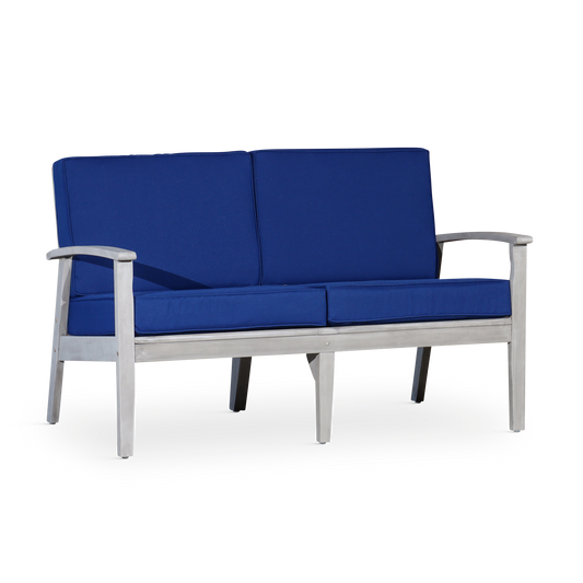 Eucalyptus Loveseat with Cushions, Silver Gray Finish, Navy Cushions