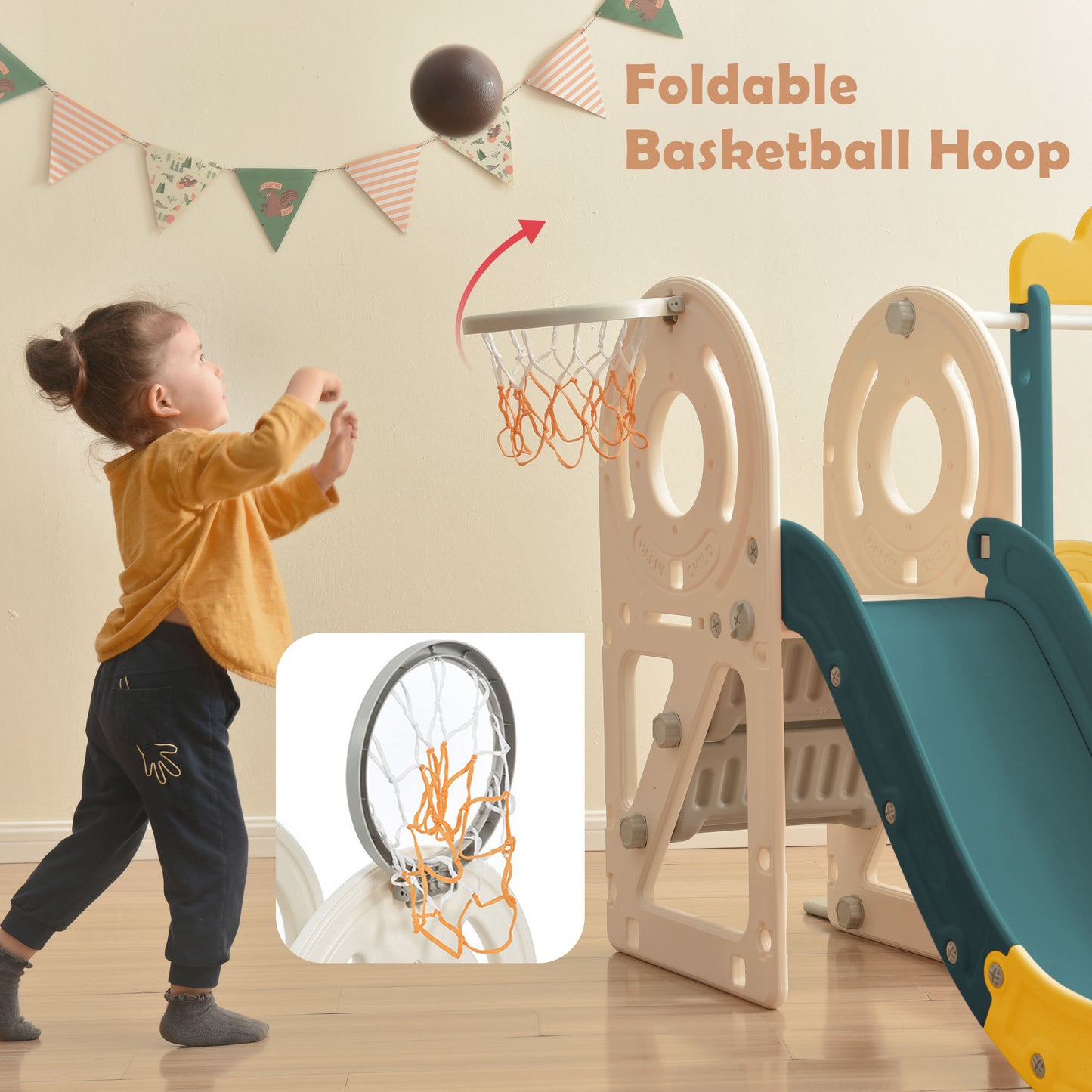 Kids Swing-N-Slide with Bus Play Structure, Freestanding Bus Toy with Slide&Swing for Toddlers, Bus Slide Set with Basketball Hoop