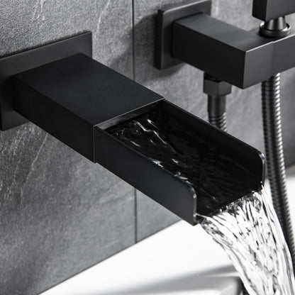 TrustMade Pressure-Balance Waterfall Single Handle Wall Mount Tub Faucet with Hand Shower, Matte Black - 2W01