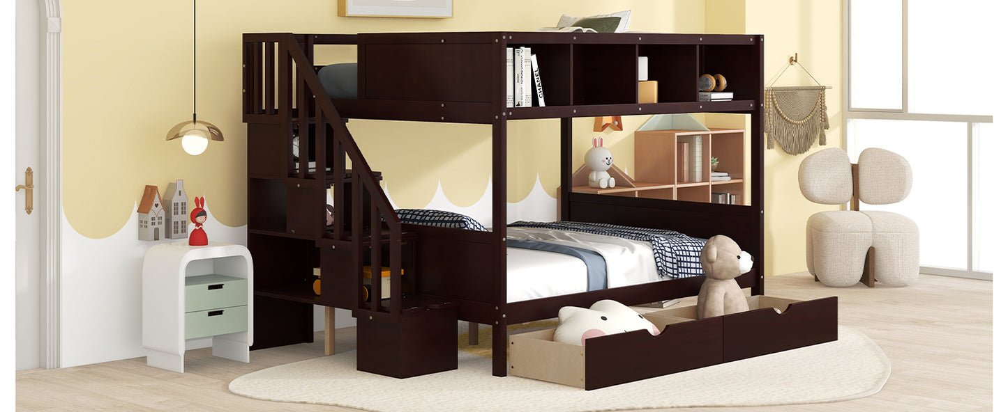 Twin over Full Bunk Bed with Shelfs, Storage Staircase and 2 Drawers, Espresso