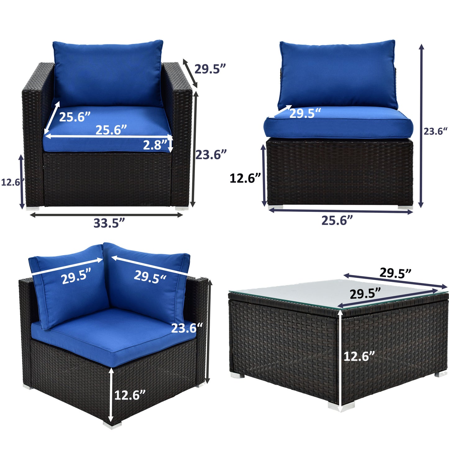 TOPMAX 6PCS Outdoor Patio Sectional All Weather PE Wicker Rattan Sofa Set with Glass Table, Blue Cushion+ Brown Wicker