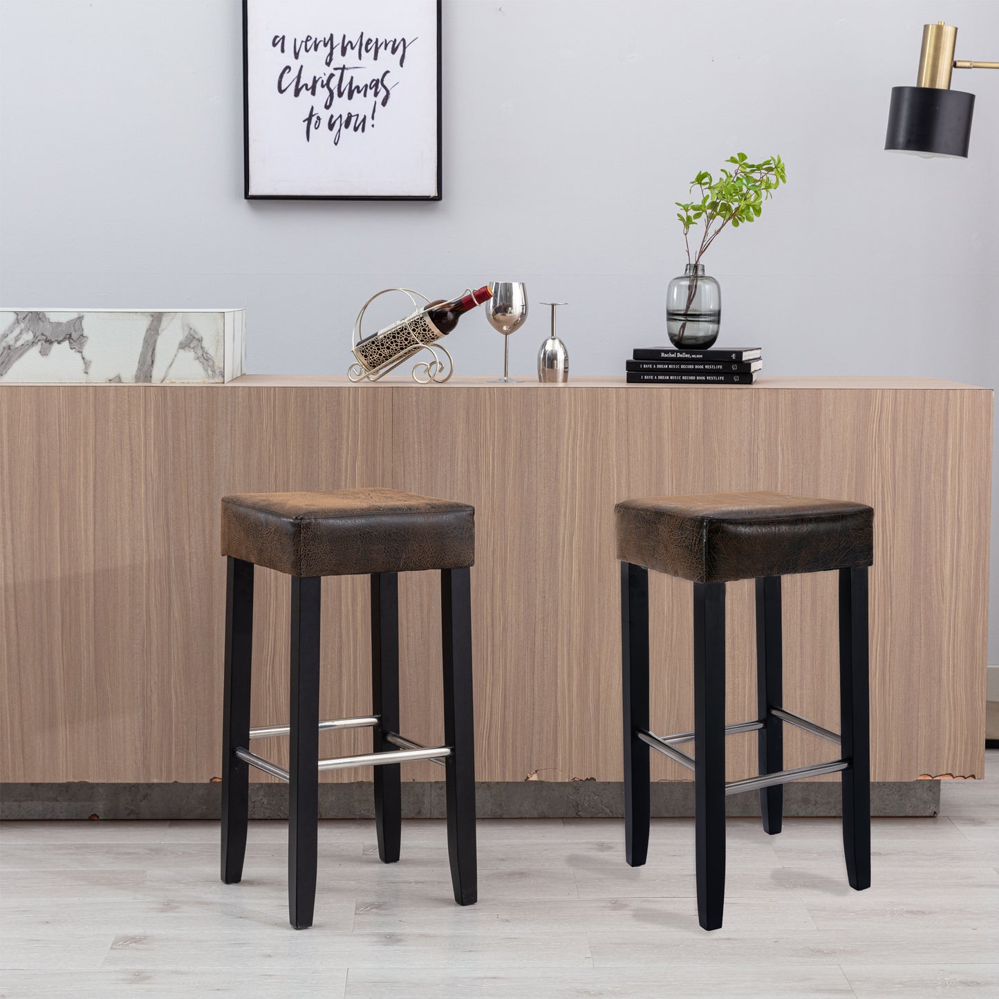 HengMing Barstool in Brown Fabric and Black Wood Finish,2-Pcs Set