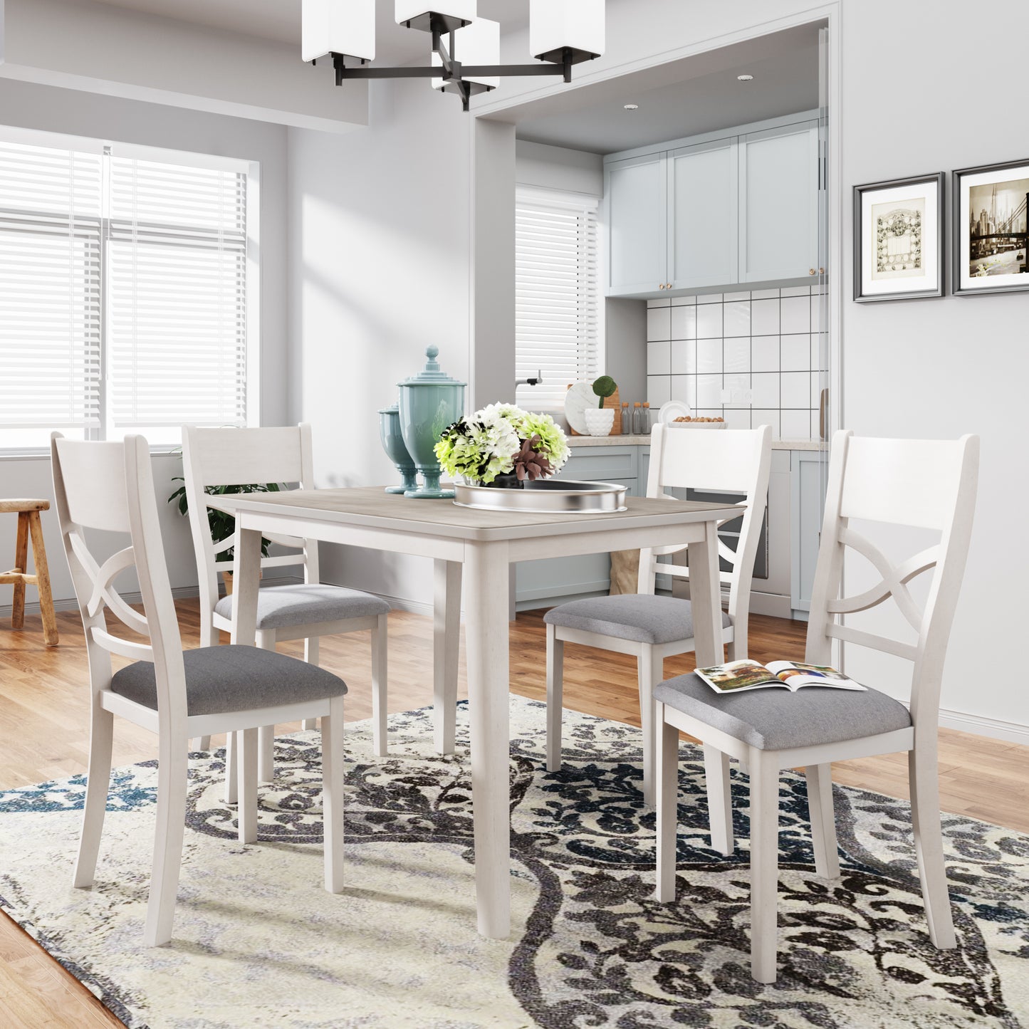 TOPMAX Farmhouse Rustic Wood 5-Piece Kitchen Dining Table Set with 4 Upholstered Padded Chairs, Light Grey+White