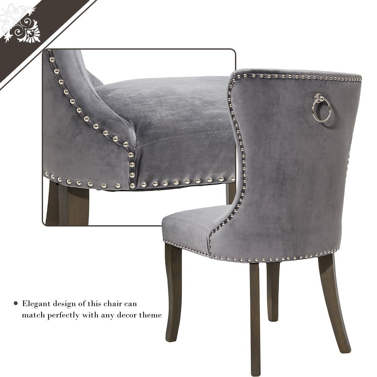 TOPMAX Victorian Dining Chair Button Tufted Armless Chair Upholstered Accent Chair,Nailhead Trim,Chair Ring Pull Set of 2 (Grey)