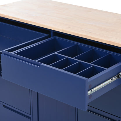 K&K Store Kitchen Cart with Rubber Wood Countertop , Kitchen Island has 8 Handle-Free Drawers Including a Flatware Organizer and 5 Wheels for Kitchen Dinning Room, Dark Blue