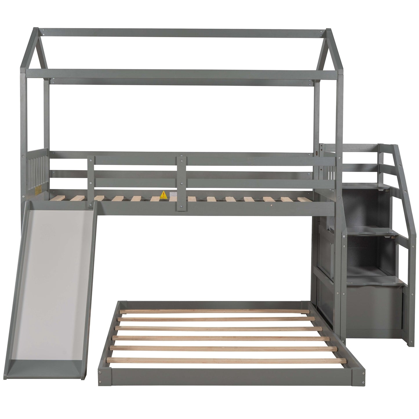 Twin over Full House Bunk Bed with Convertible Slide and Storage Staircase,Full-Length Guardrail,Gray