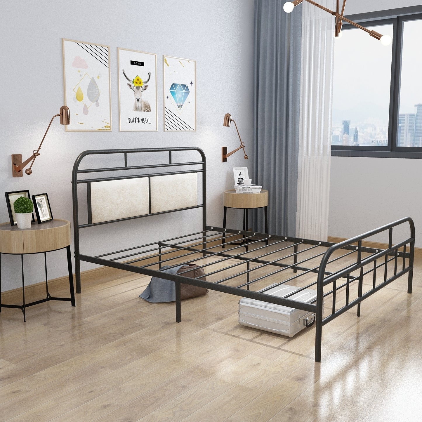 Modern Metal Bed Frame, Mattress Foundation with Upholstered Headboard and Footboard, with Strong Metal Slats Support and 11 Inches Underbed Space,  No Box Spring Needed