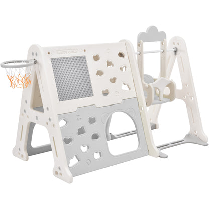 6-in-1 Toddler Climber and Swing Set Kids Playground Climber Swing Playset with Tunnel, Climber, Whiteboard,Toy Building Block Baseplates, Basketball Hoop Combination for Babies