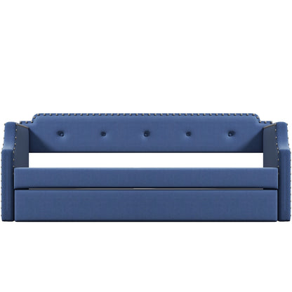 Upholstered Daybed with Trundle, Wood Slat Support,Upholstered Frame Sofa Bed , Twin,Blue