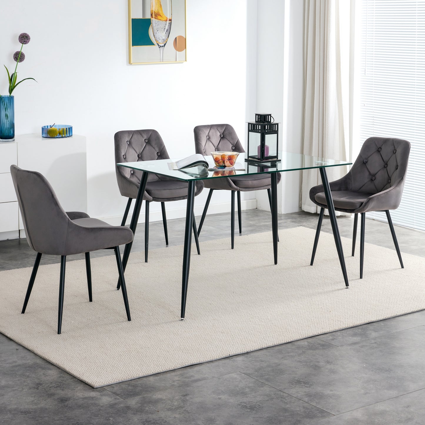 Kitchen Dining Room Metal legs Glass Table Set with 4 pcs grey velvet fabric dining chairs