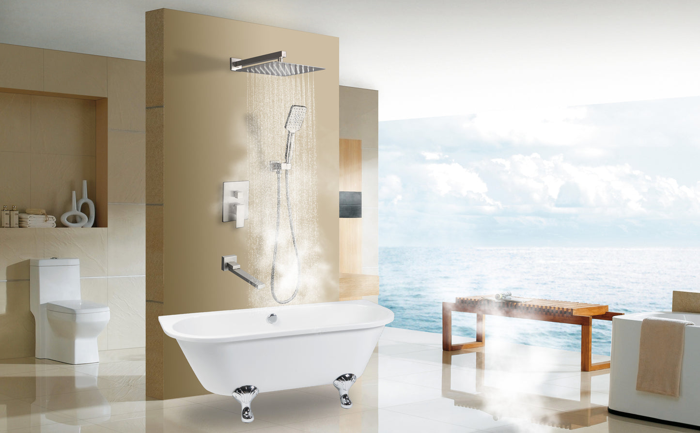 Shower Faucet Set Anti-scald Shower Fixtures with Rough-in Pressure Balanced Valve and Embedded Box, Wall Mounted Rain Shower System