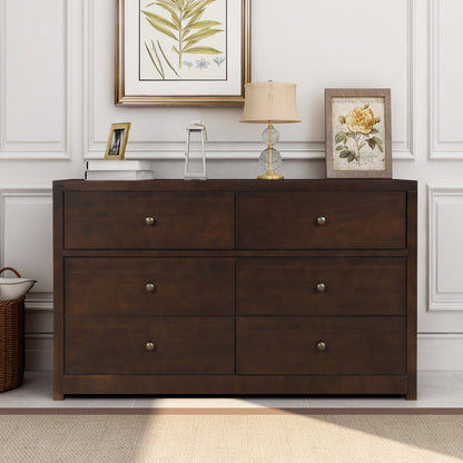 Vintage Aesthetic Solid Wood 6 Drawer Double Dresser in Rich Brown (Dresser of Freely Configurable Bedroom Sets)