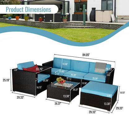 Outdoor Garden Patio Furniture 6-Piece Brown PE Rattan Wicker Sectional Blue Cushioned Sofa Sets with 1 Red Pillow