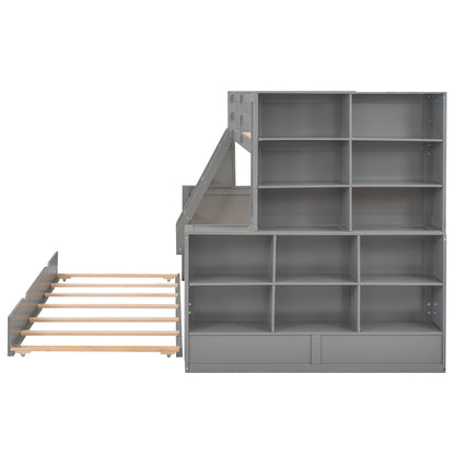 Twin over Full Bunk Bed with Trundle and Shelves, can be Separated into Three Separate Platform Beds, Gray