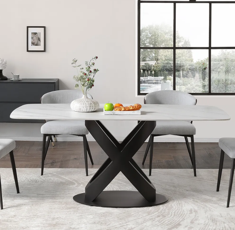 Modern Dining Table, Sintered Stone Tabletop Dining Room Table for Up To 8, Solid Black Carbon Steel Base, 71"