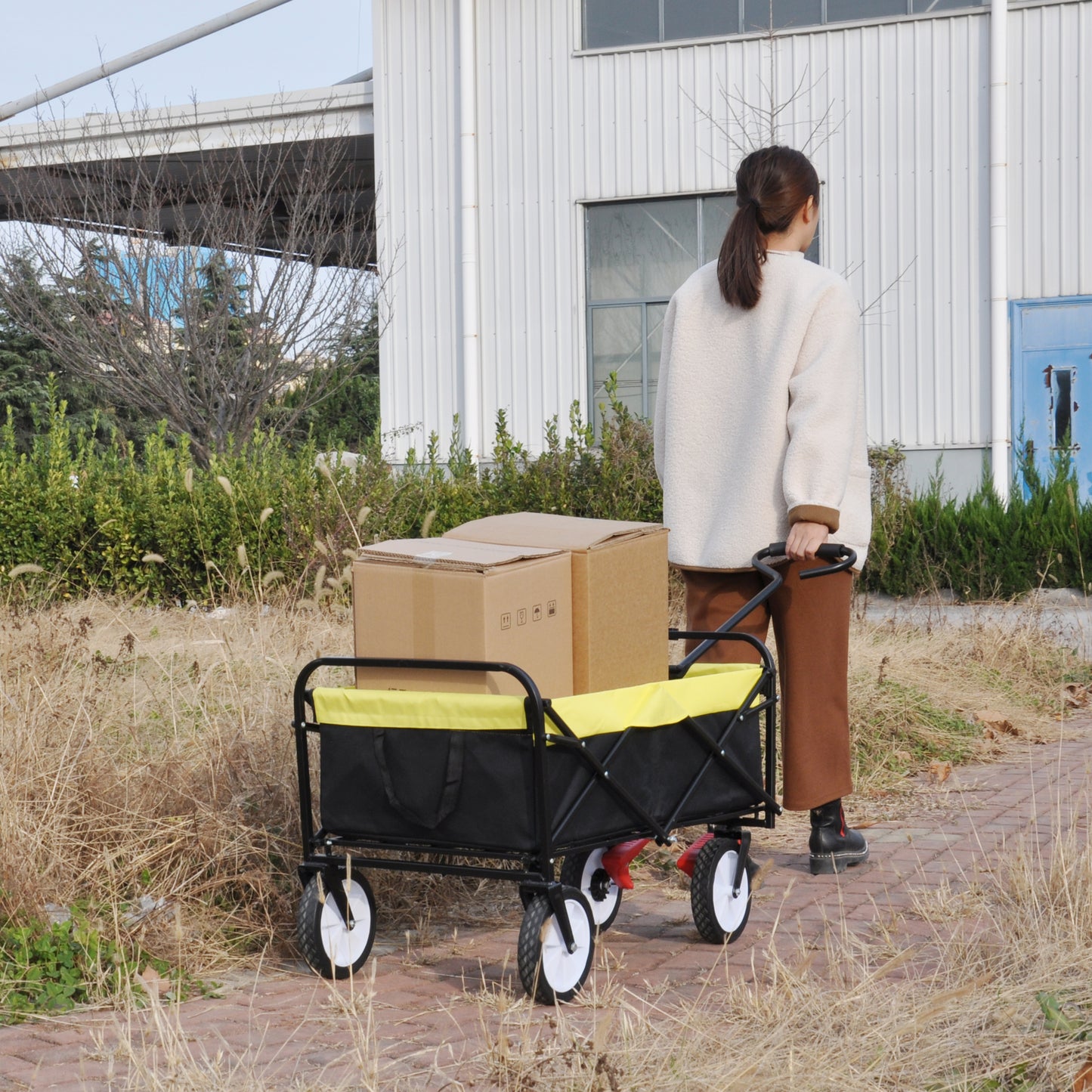 Folding Wagon Garden Shopping Beach Cart (black+yellow)