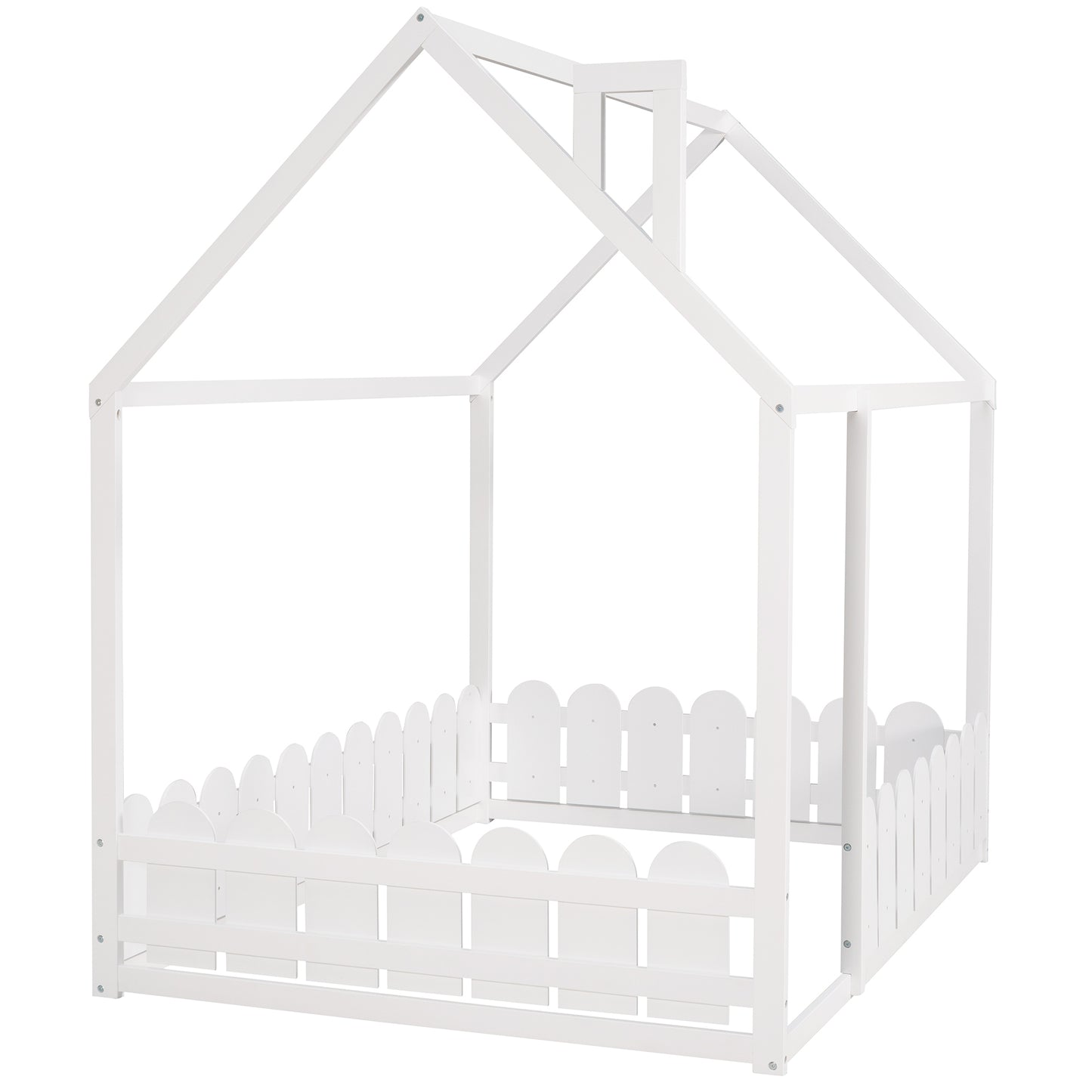 （Slats are not included) Full Size Wood Bed House Bed Frame with Fence, for Kids, Teens, Girls, Boys (White )(OLD SKU:WF281294AAK)