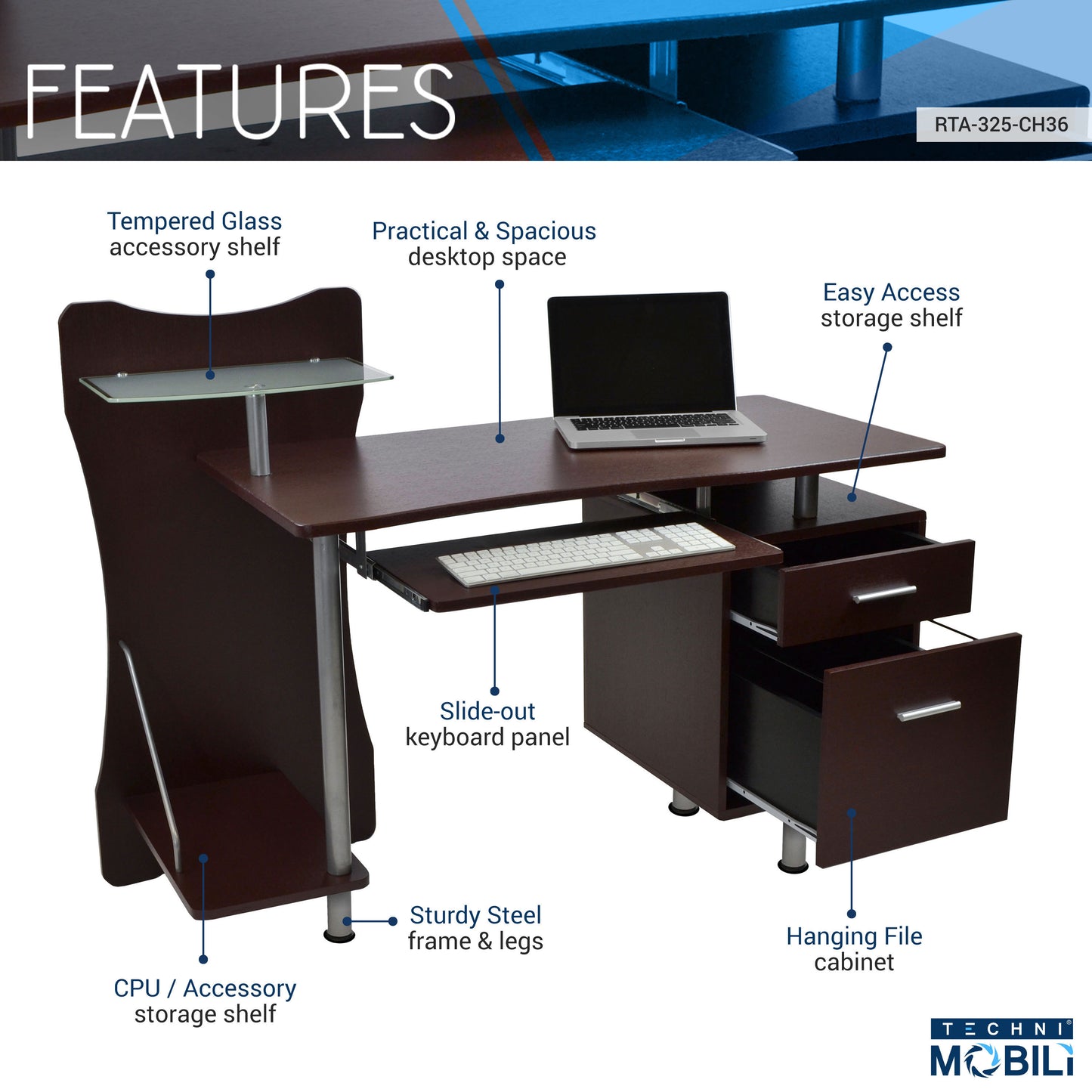 Techni Mobili Stylish Computer Desk with Storage, Chocolate