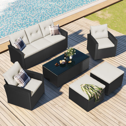 GO 6-piece All-Weather Wicker PE rattan Patio Outdoor Dining Conversation Sectional Set with coffee table, wicker sofas, ottomans, removable cushions (Black wicker, Beige cushion)