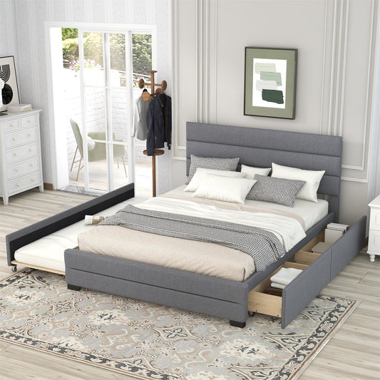 Queen Upholstered Platform Bed with Trundle and Two Drawers,Grey