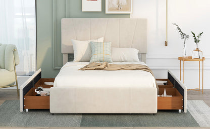 Full Size Upholstery Platform Bed with Four Drawers on Two Sides,Adjustable Headboard,Beige