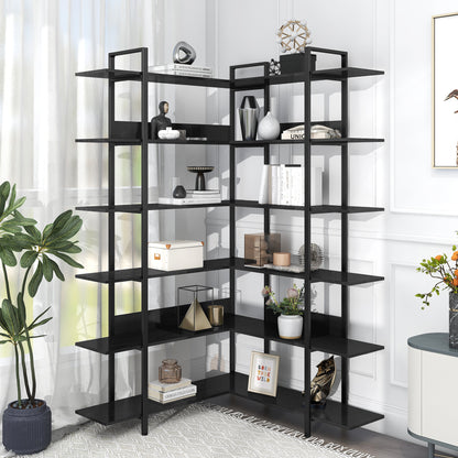 74.8 Inch Bookshelf L-shape MDF Boards Stainless Steel Frame Corner 6-tier Shelves Adjustable Foot Pads, Black