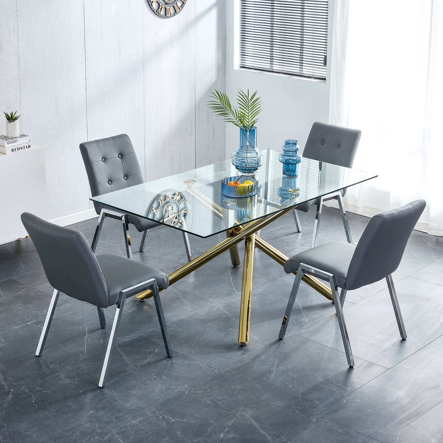 Grid shaped armless high back dining chair,2-piece set, office chair. Applicable to dining room, living room, kitchen and office.Dark Grey Chair and Electroplated metal leg