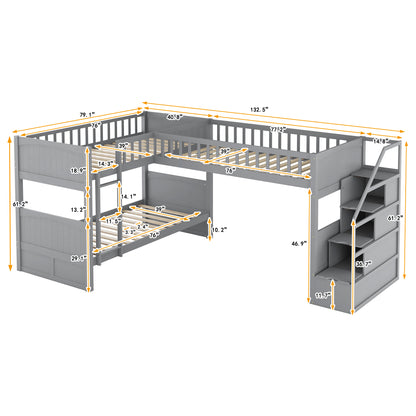 Twin over Twin Wooden L-Shaped Bunk Bed with Ladder and Stairway,Grey(OLD SKU:SM000303AAE-1)