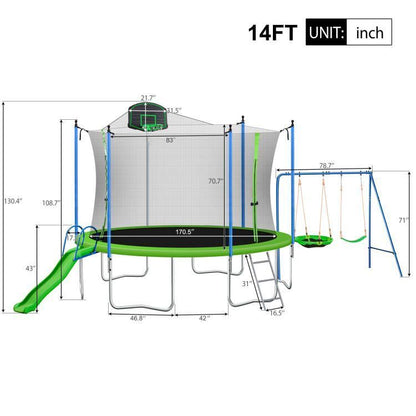 14FT TRAMPOLINE WITH SWING-METAL WITH SLIDE