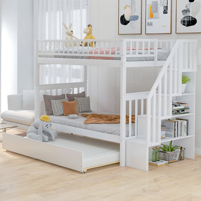 Twin over Twin Bunk Bed with Trundle and Storage, White