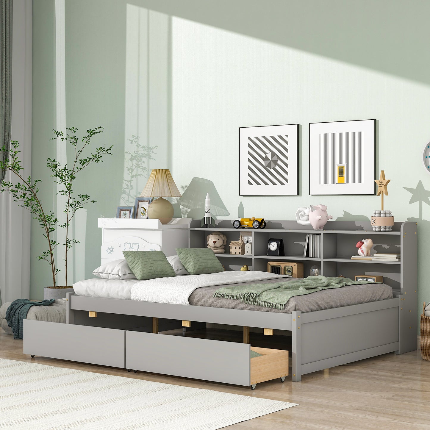 Full Bed with Side Bookcase, Drawers,Gray