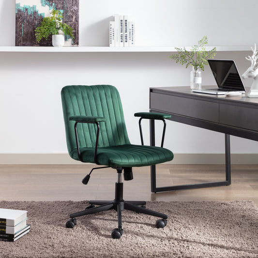 Mid-Back Desk Chair,Velvet Executive Swivel Office Chair with black Frame ,Swivel Arm Chair For Home Office(Green)