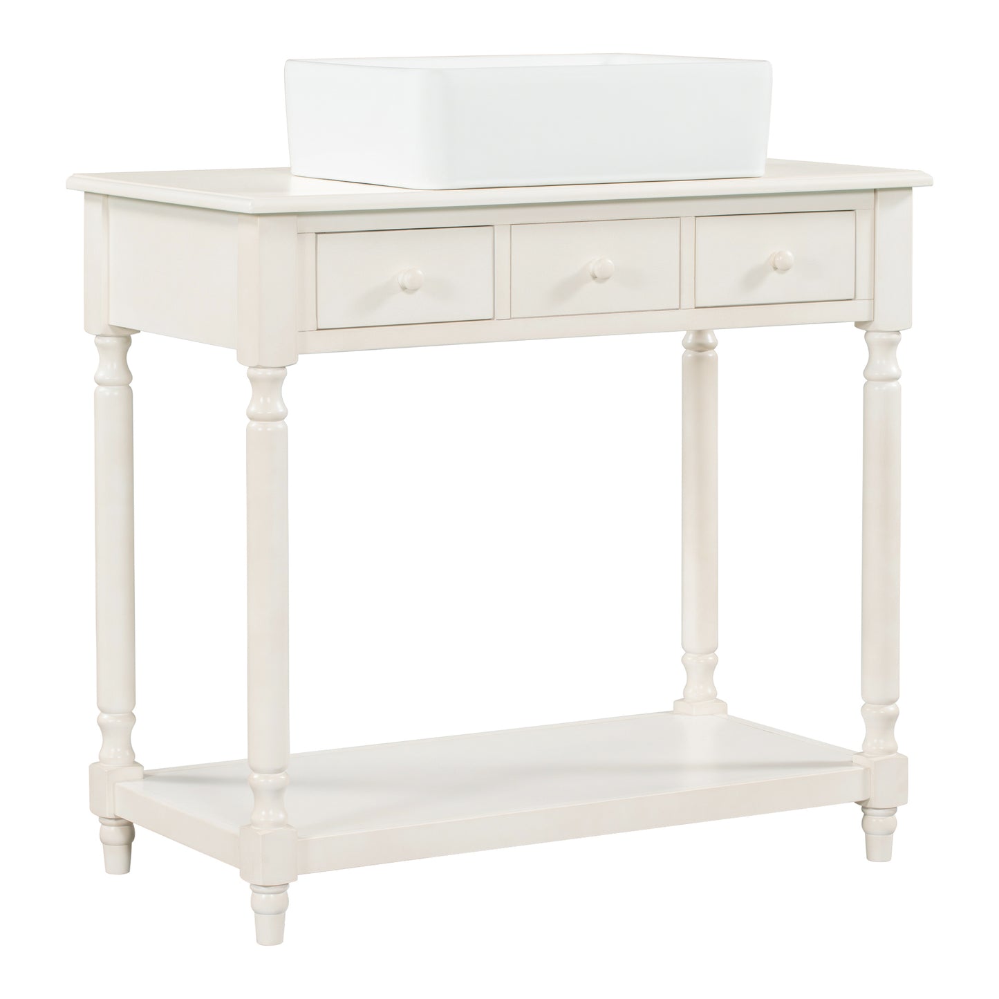 36" Bathroom Vanity Base without Sink, Open Storage Shelf, Two Drawers, Pre-Drilled Holes, Roman Style, Antique White