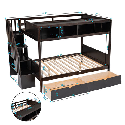 Twin over Full Bunk Bed with Shelfs, Storage Staircase and 2 Drawers, Espresso