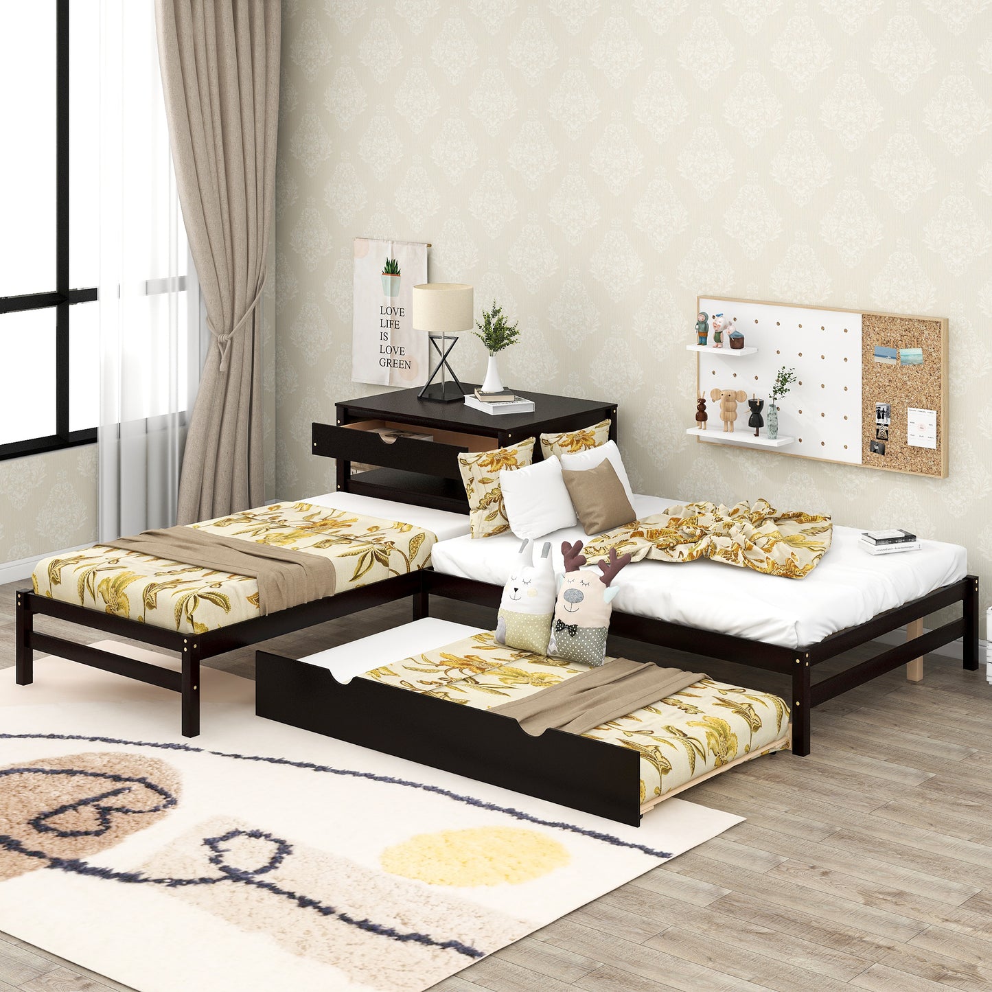 L-Shaped Full Size and Twin Size Platform Beds with Twin Size Trundle and Drawer Linked with Built-in Rectangle Table,Espresso