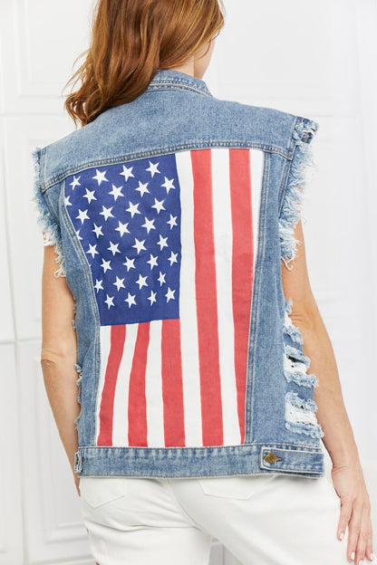 BiBi Red,White, and You Distressed Denim Vest