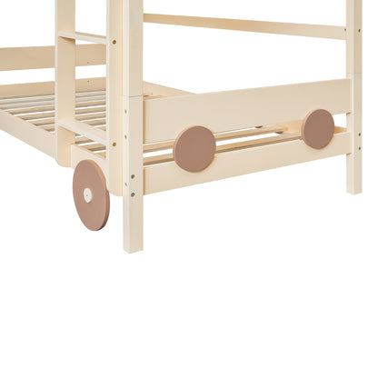 Twin Size Car-Shaped Convertible Bunk Bed, White, Natural+Brown