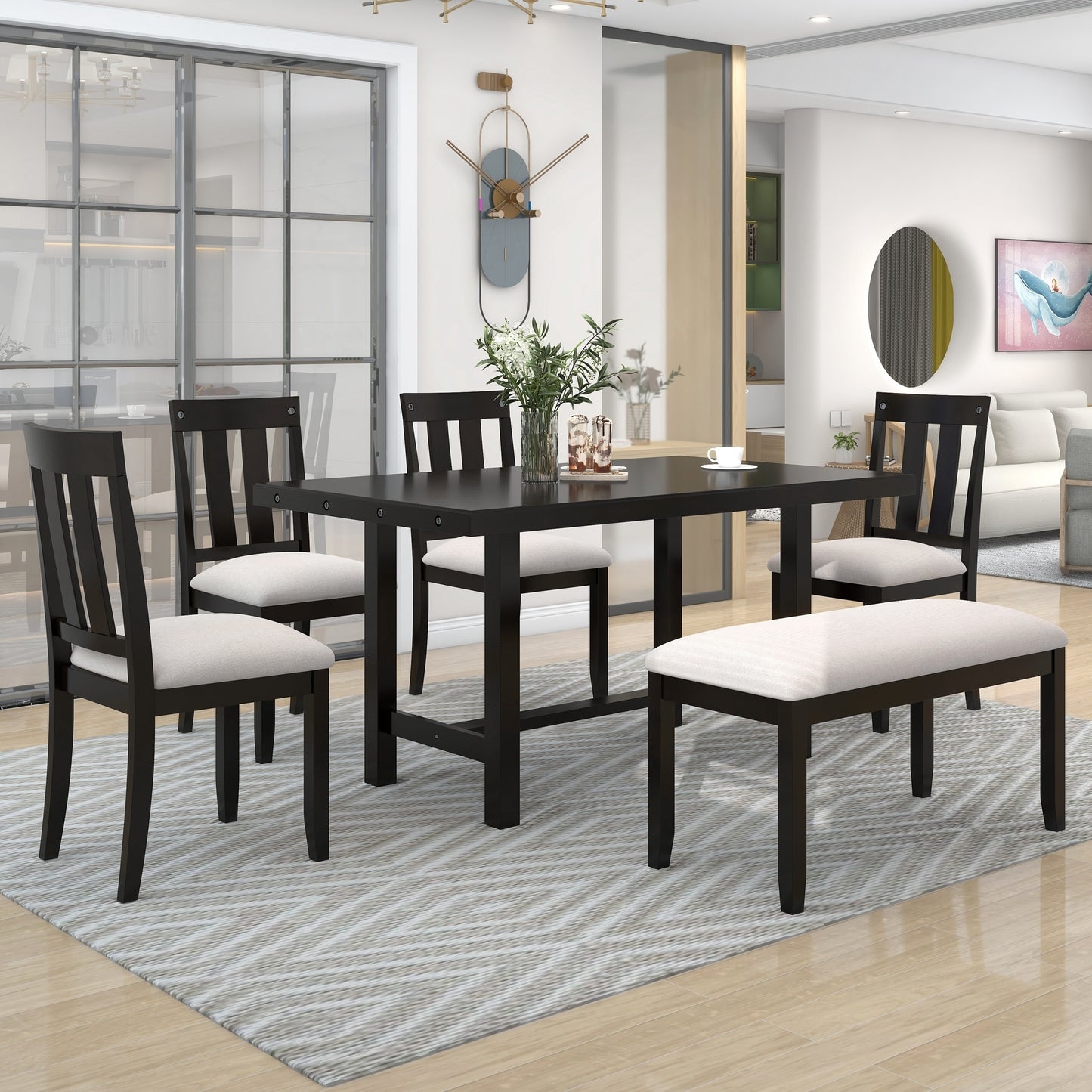 TREXM Rustic Farmhouse 6-Piece Wooden Rustic Style Dining Set, Including Table, 4 Chairs & Bench (Espresso)