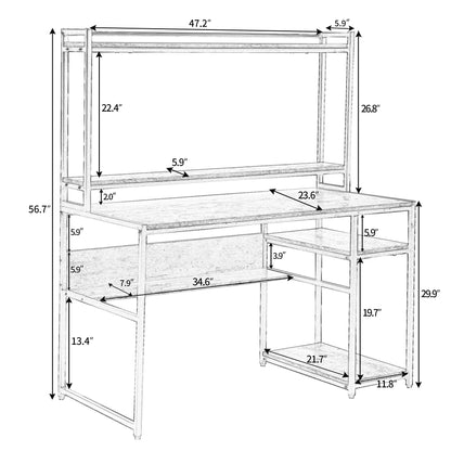 Home Office Computer Desk with 2-Tier Bookshelf and Open Storage Shelf/Equipped with Removable Monitor Riser(Brown)