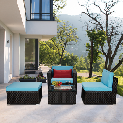 Outdoor Garden Patio Furniture 4-Piece Brown PE Rattan Wicker Sectional Blue Cushioned Sofa Sets with 1 Red Pillow