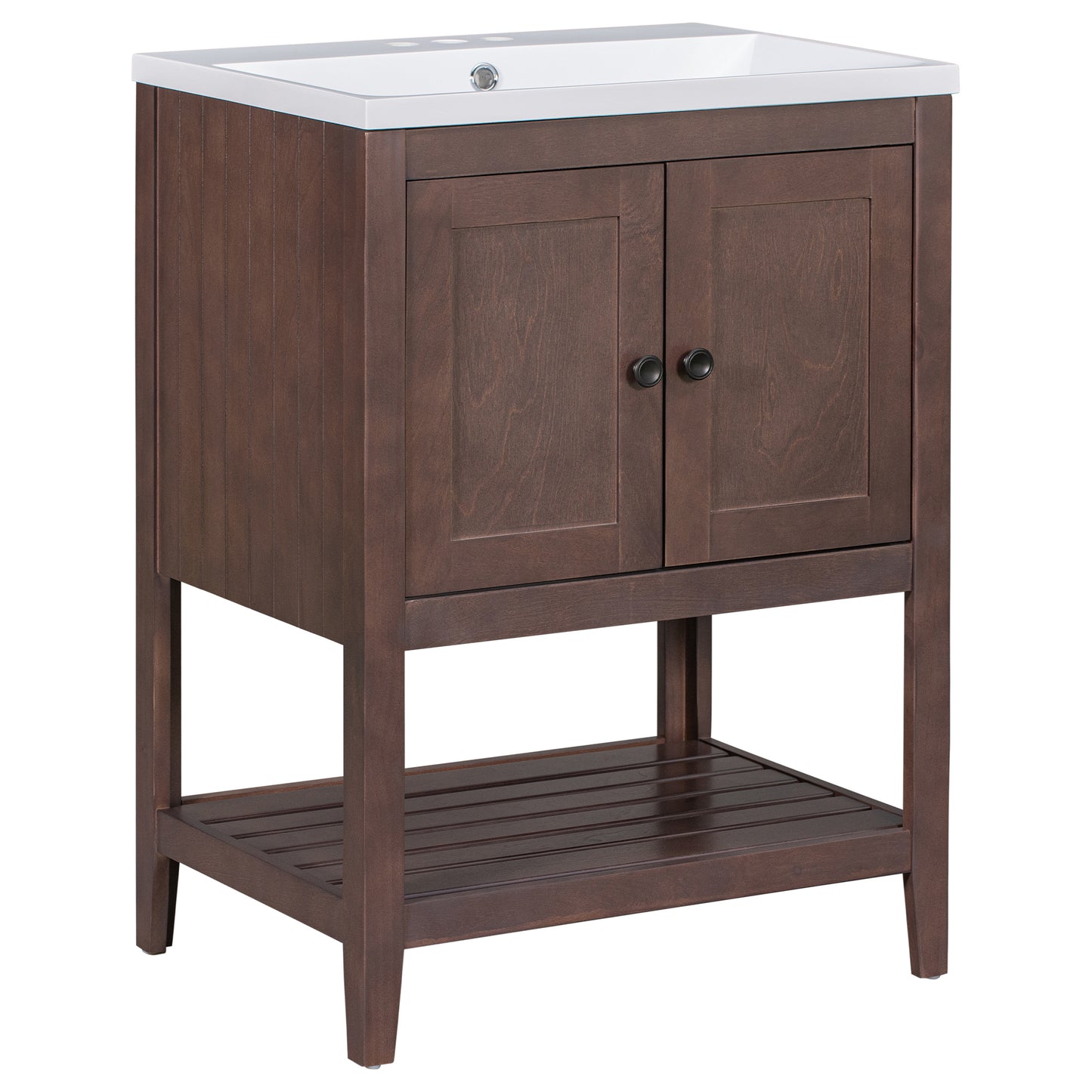 [VIDEO] 24" Brown Modern Sleek Bathroom Vanity Elegant Ceramic Sink with Solid Wood Frame Open Style Shelf