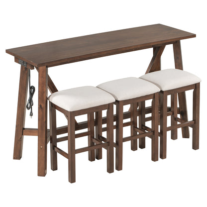 TREXM Multipurpose Home Kitchen Dining Bar Table Set with 3 Upholstered Stools(Dark Walnut)