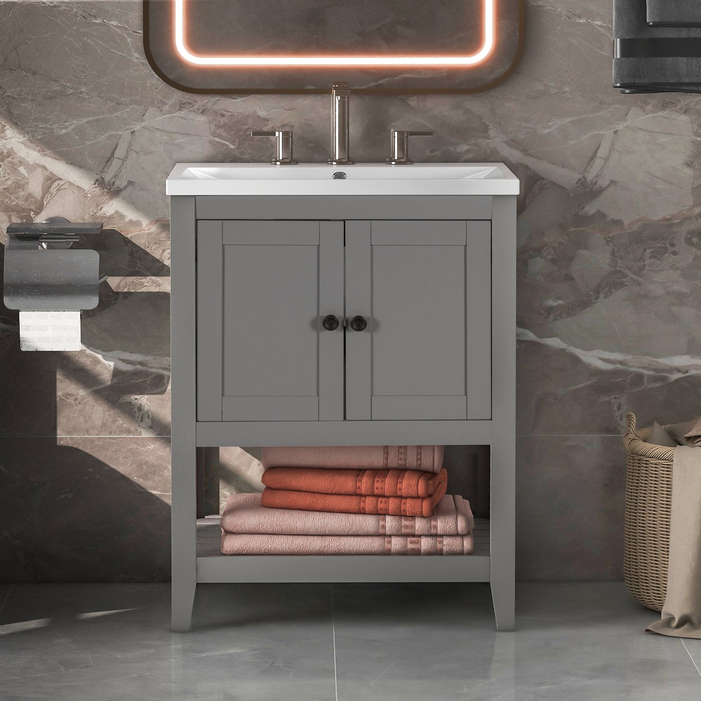 [VIDEO] 24" Grey Modern Sleek Bathroom Vanity Elegant Ceramic Sink with Solid Wood Frame Open Style Shelf (OLD SKU: JL000001AAE)